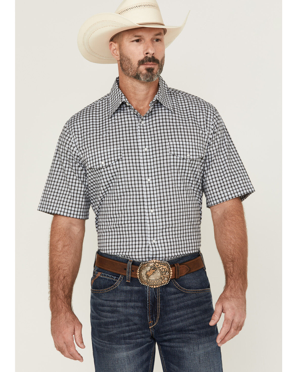 Image #1 - Wrangler Men's Plaid Print Short Sleeve Pearl Snap Stretch Western Shirt - Tall, Black, hi-res