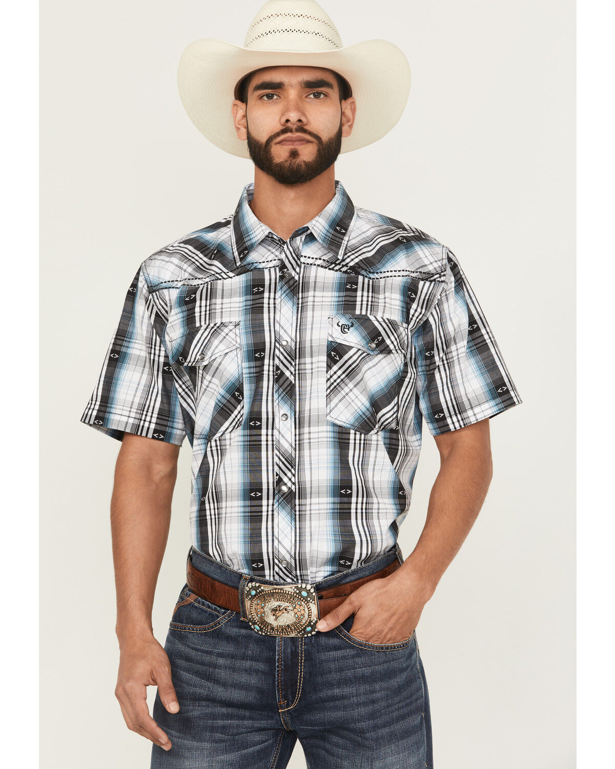 Image #1 - Cowboy Hardware Men's Plaid Print Short Sleeve Snap Western Shirt, White, hi-res