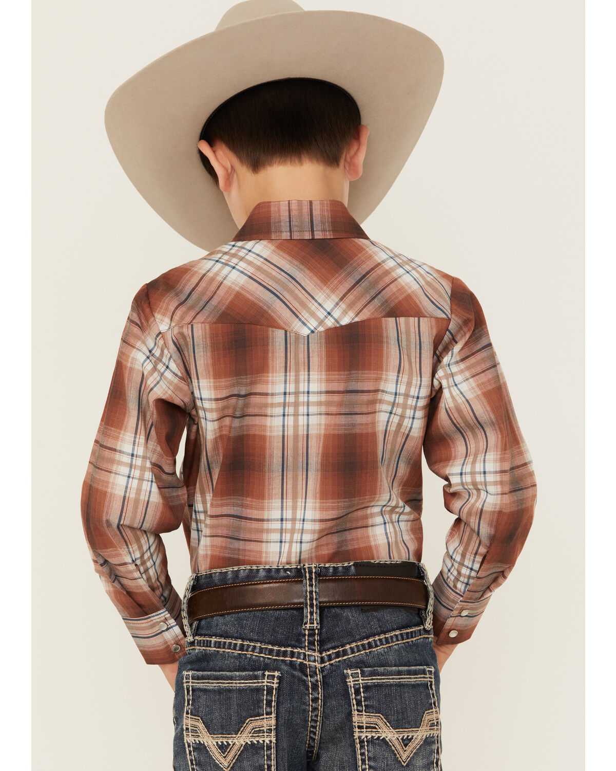 Image #4 - Ely Walker Boys' Plaid Print Long Sleeve Pearl Snap Western Shirt, Rust Copper, hi-res