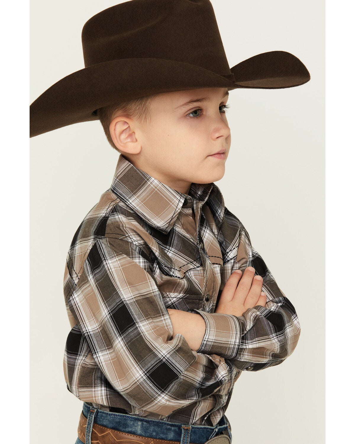 Image #2 - Cowboy Hardware Boys' Hombre Plaid Print Long Sleeve Snap Stretch Western Shirt, Multi, hi-res