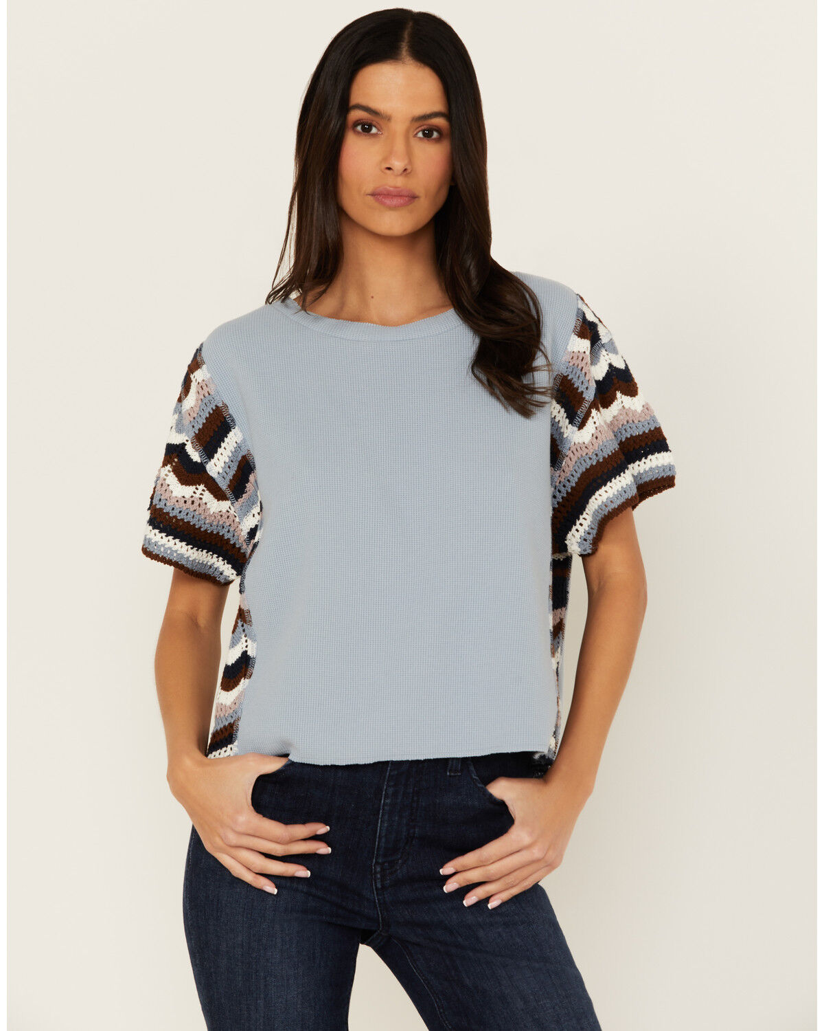 Image #1 - Cleo + Wolf Women's Ashton Mixed Media Short Sleeve Thermal Shirt, Light Blue, hi-res