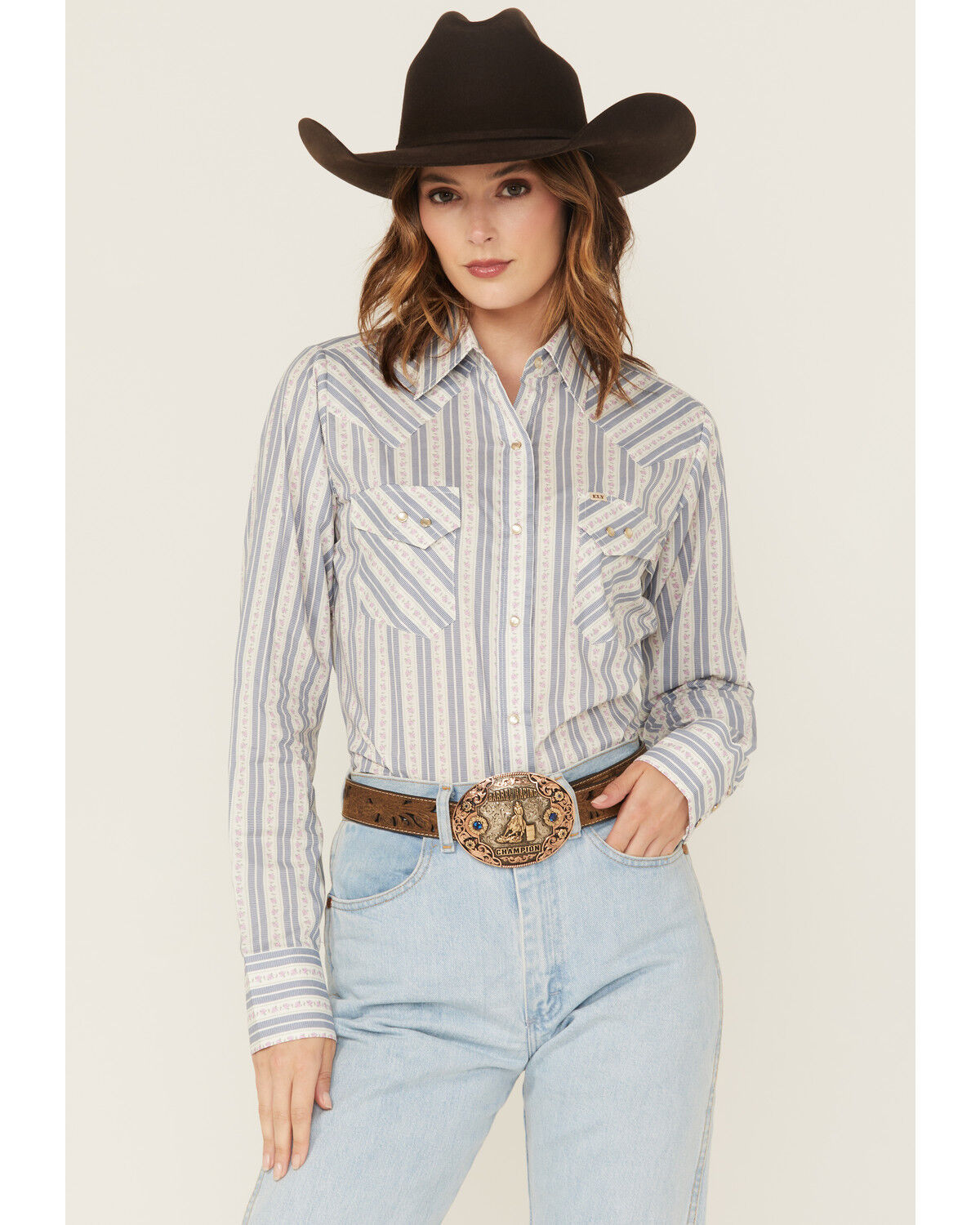 Image #1 - Cowboygirl by Jenna Paulette Women's Wallpaper Long Sleeve Pearl Snap Western Shirt, Blue, hi-res