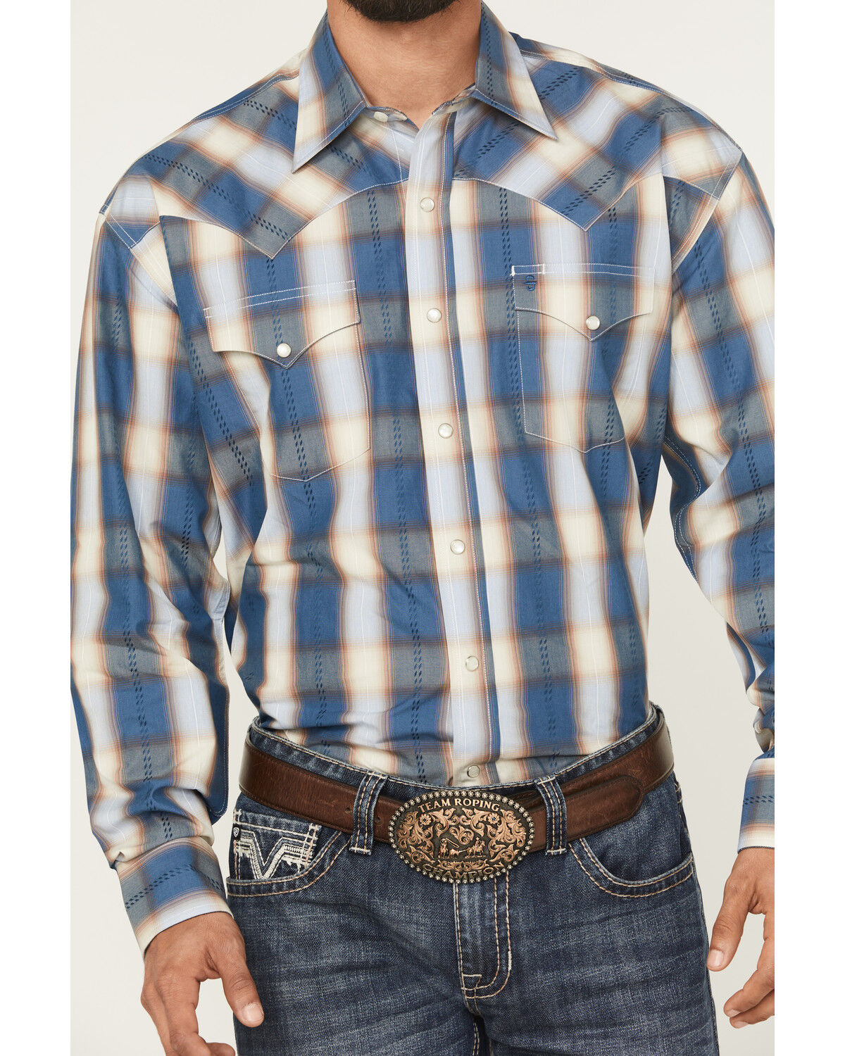 Image #3 - Stetson Men's Dobby Plaid Print Long Sleeve Western Shirt, Blue, hi-res