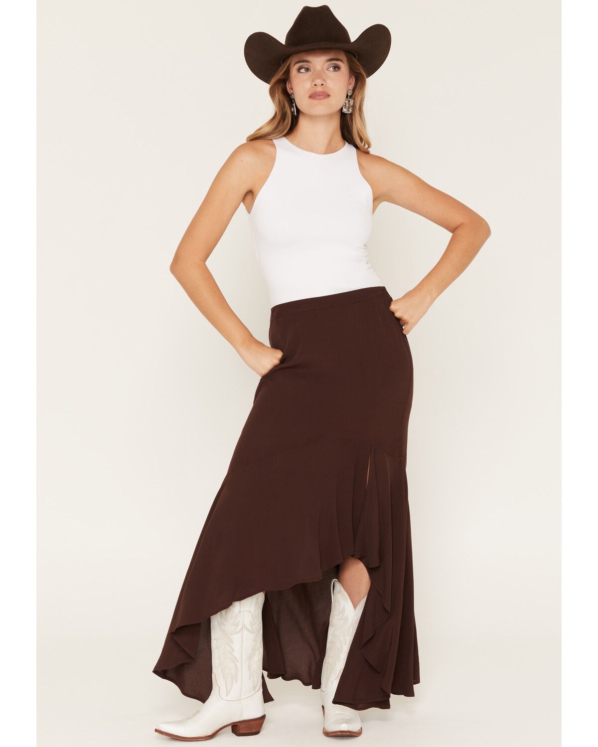 Image #1 - Wild Moss Women's Solid High-Low Skirt, Brown, hi-res