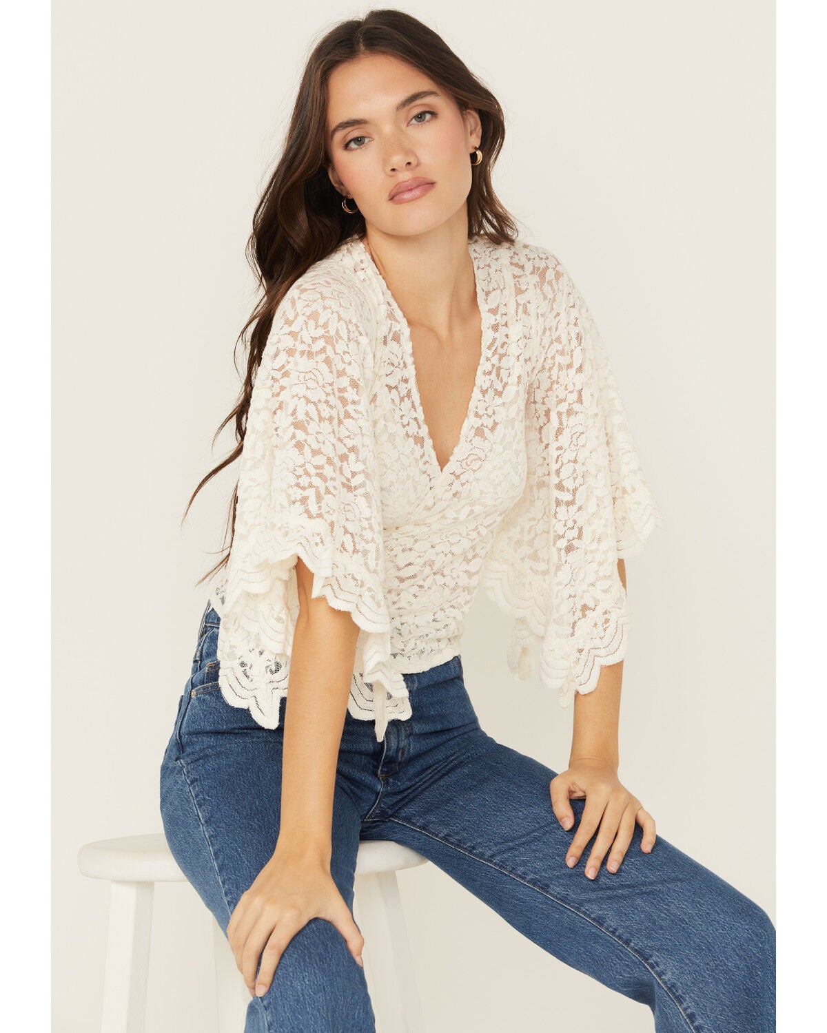 Shyanne Women's Wrap Front Long Sleeve Lace Top, Ivory, hi-res