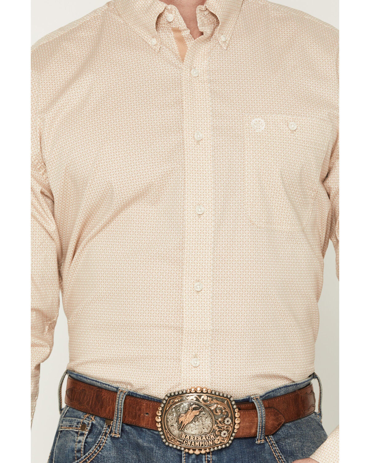 Image #3 - George Strait by Wrangler Men's Geo Print Long Sleeve Button-Down Stretch Western Shirt, Tan, hi-res