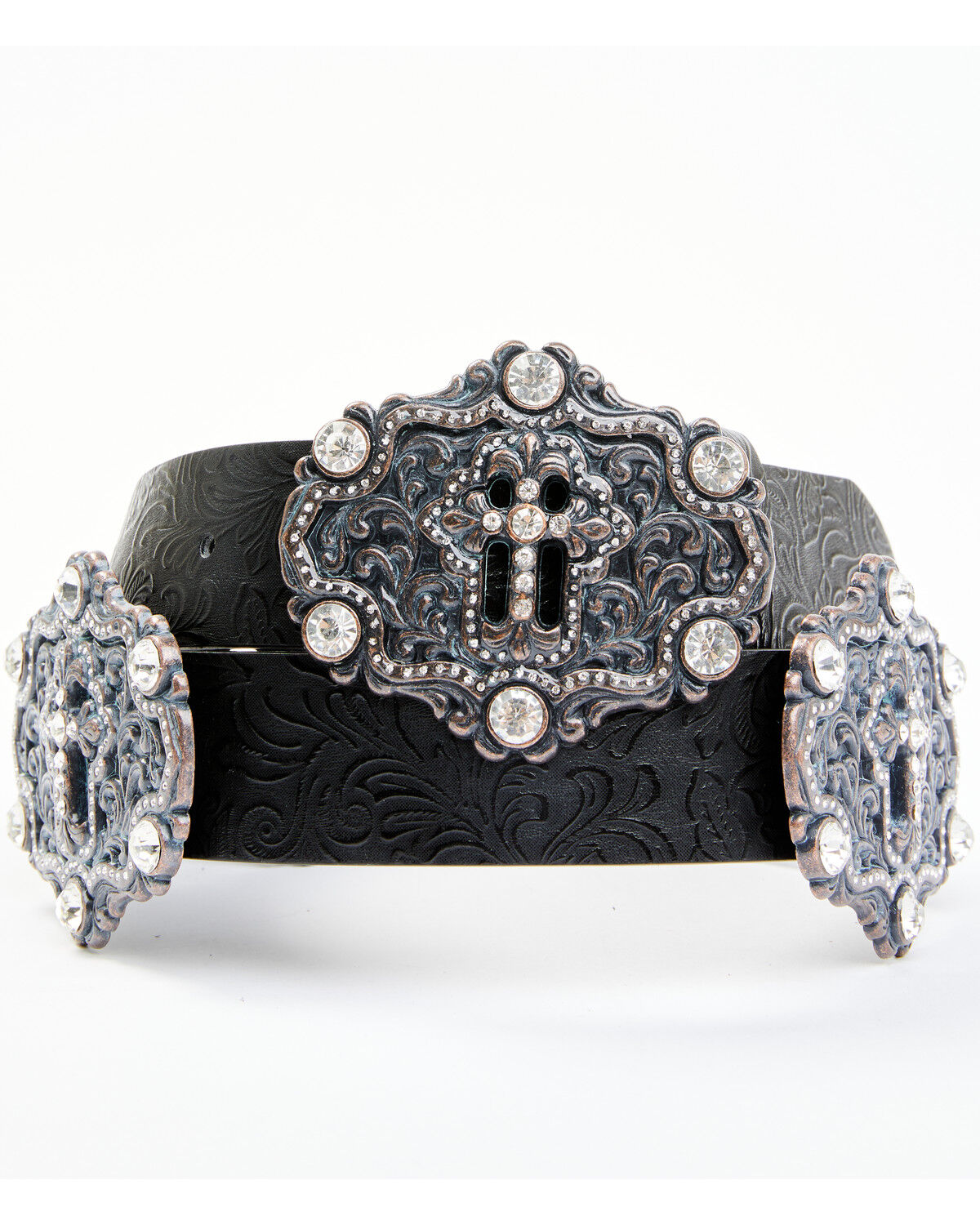 Image #1 - Shyanne Women's Cross Concho Tooled Strap Belt, Black, hi-res