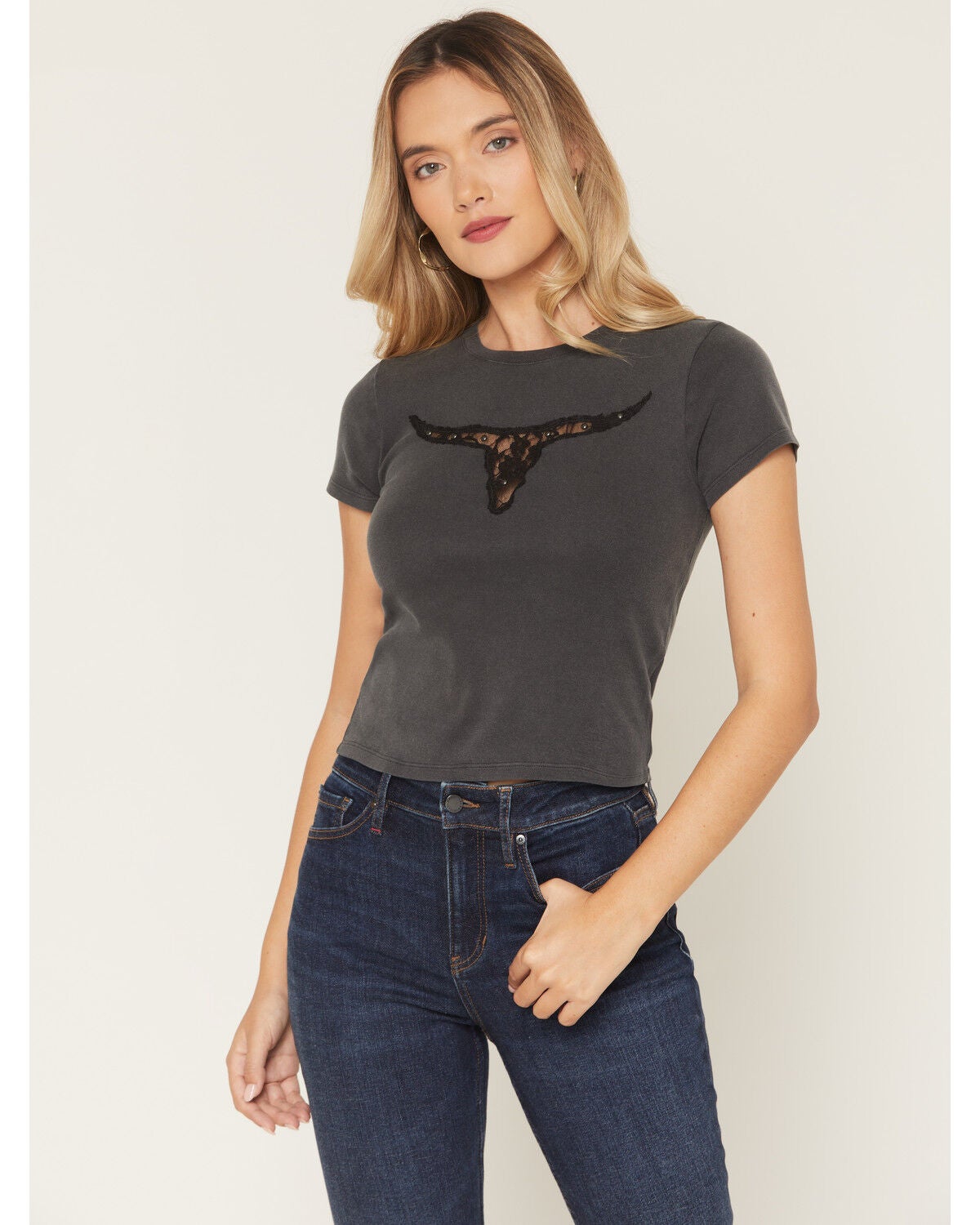 Image #1 - Youth In Revolt Women's Lace Steerhead Studded Short Sleeve Tee, Charcoal, hi-res