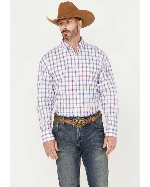 George Strait by Wrangler Men's Plaid Print Long Sleeve Button-Down Western Shirt, White, hi-res