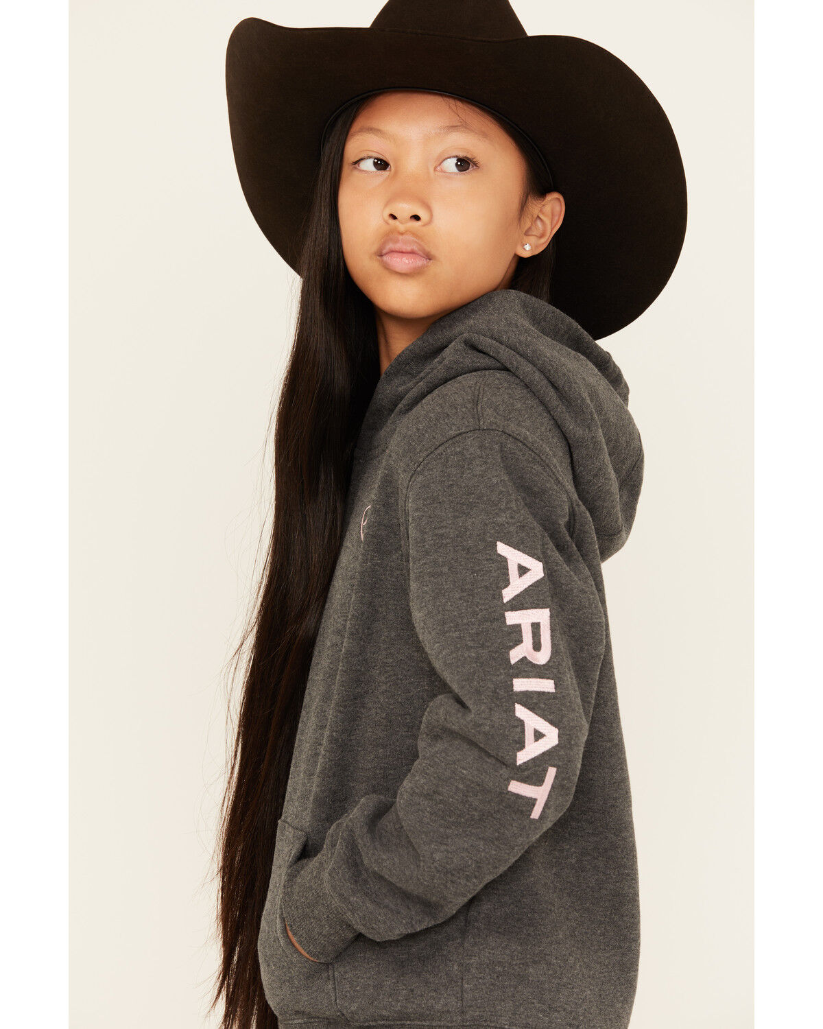 Image #2 - Ariat Girls' Boot Barn Exclusive Logo Hoodie, Charcoal, hi-res