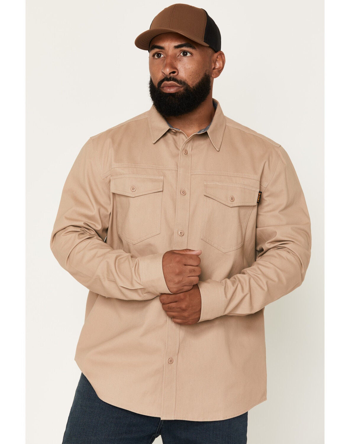 Hawx Men's Solid Long Sleeve Button-Down Work Shirt - Big, Khaki, hi-res