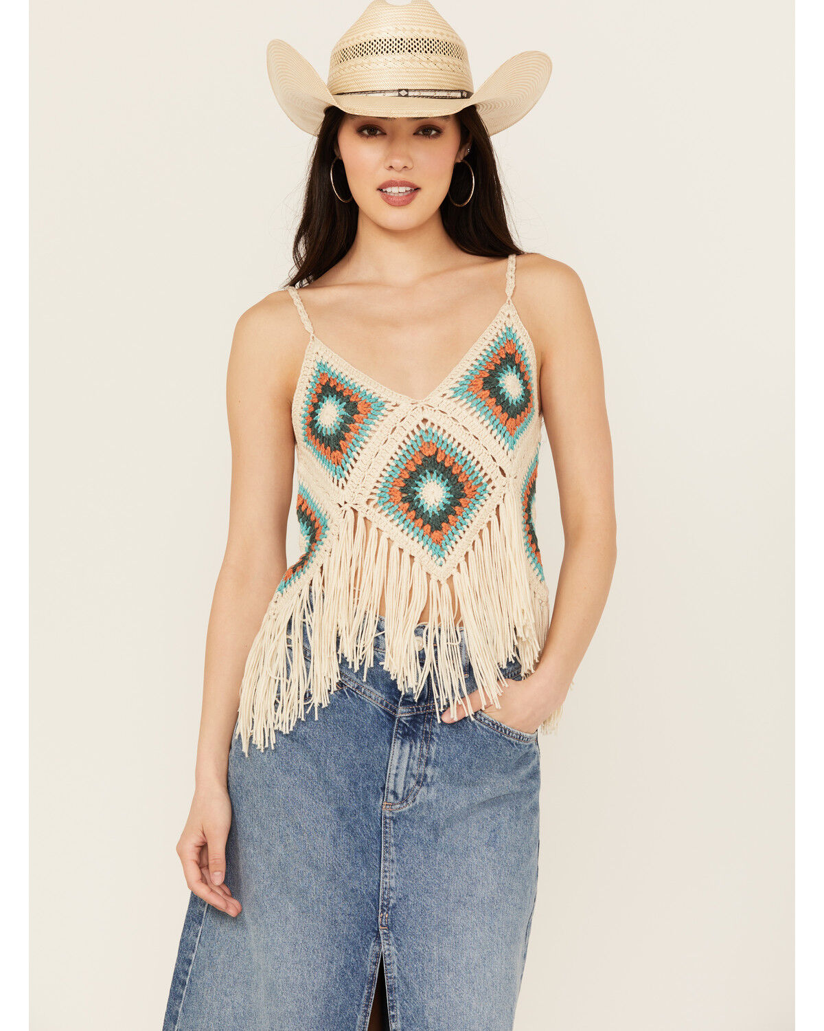Image #1 - Rock & Roll Denim Women's Crochet Fringe Tank, Cream, hi-res