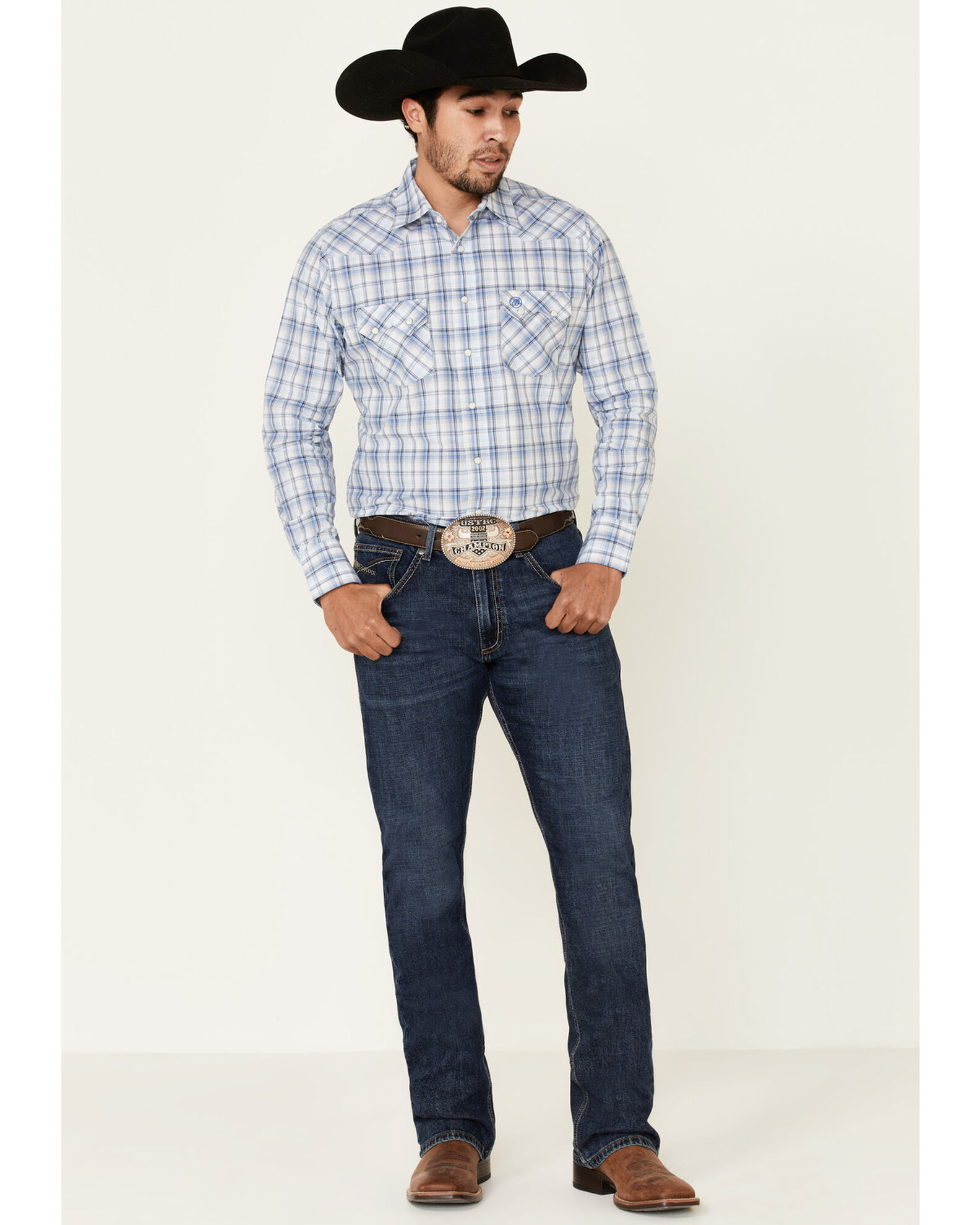 Image #2 - Wrangler Retro Men's Small Plaid Long Sleeve Western Shirt, Blue, hi-res