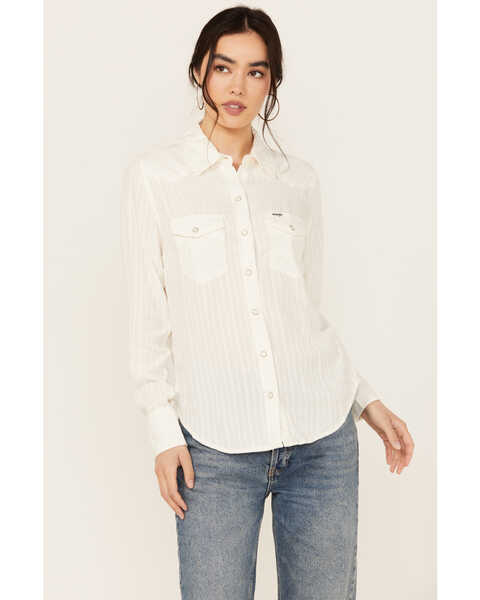 Wrangler Women's Modern Striped Long Sleeve Pearl Snap Western Shirt , Off White, hi-res