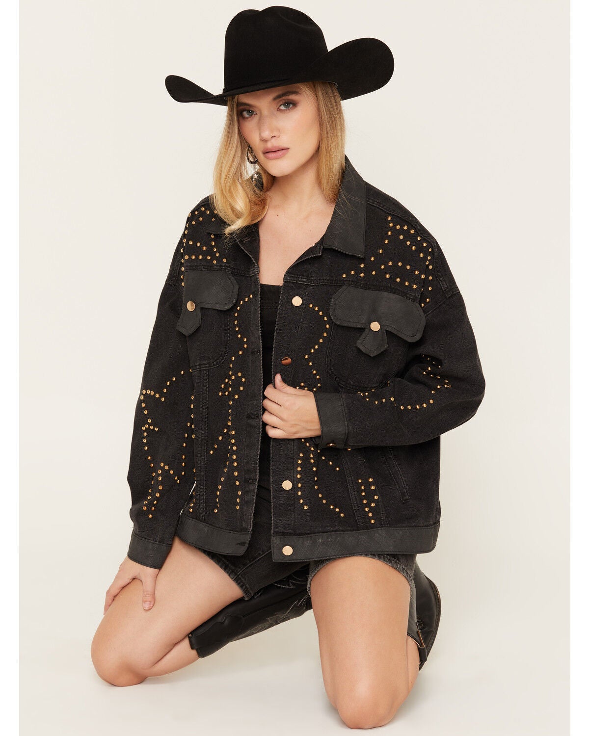Azalea Wang Women's Studded Button-Down Denim Jacket, Black, hi-res