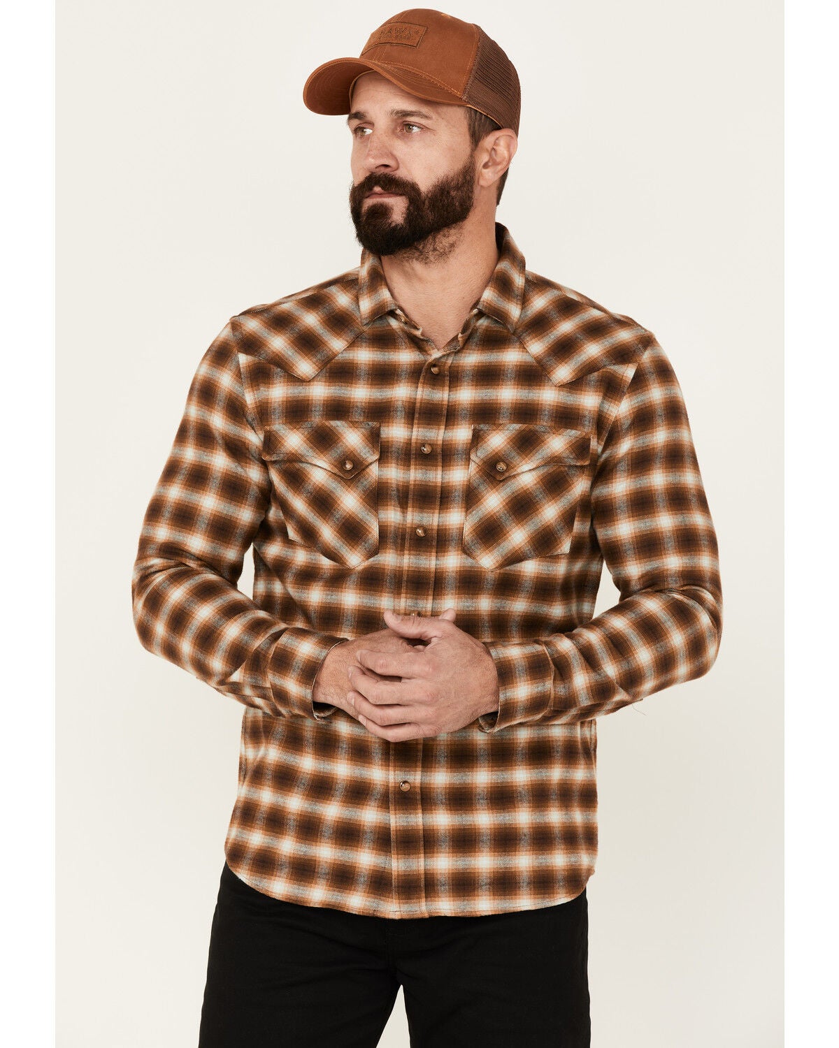 Pendleton Men's Wyatt Small Plaid Long Sleeve Snap Western Shirt, Brown, hi-res