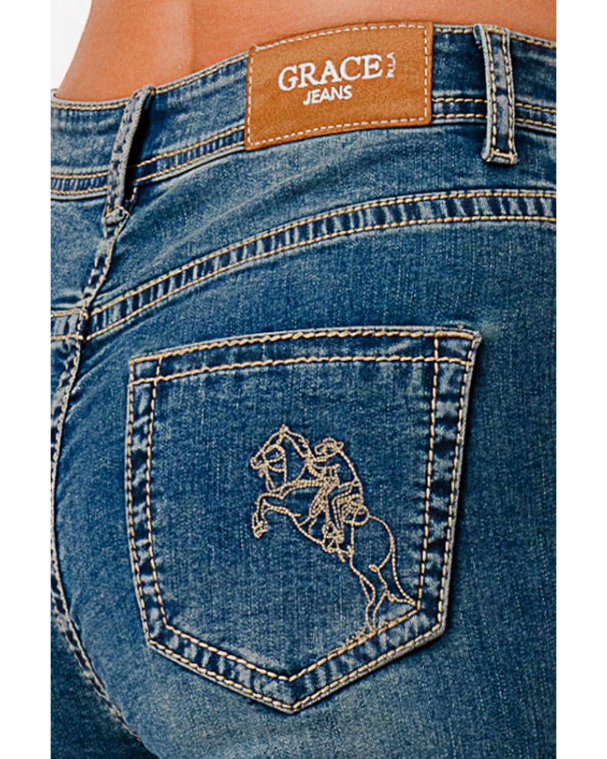 Image #3 - Grace in LA Women's  Medium Wash High Rise Horse Pocket 32" Trouser Stretch Denim Jeans, Medium Wash, hi-res