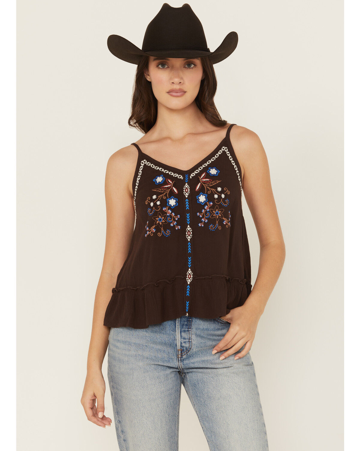 Image #1 - Shyanne Women's Embroidered Cami, Dark Brown, hi-res