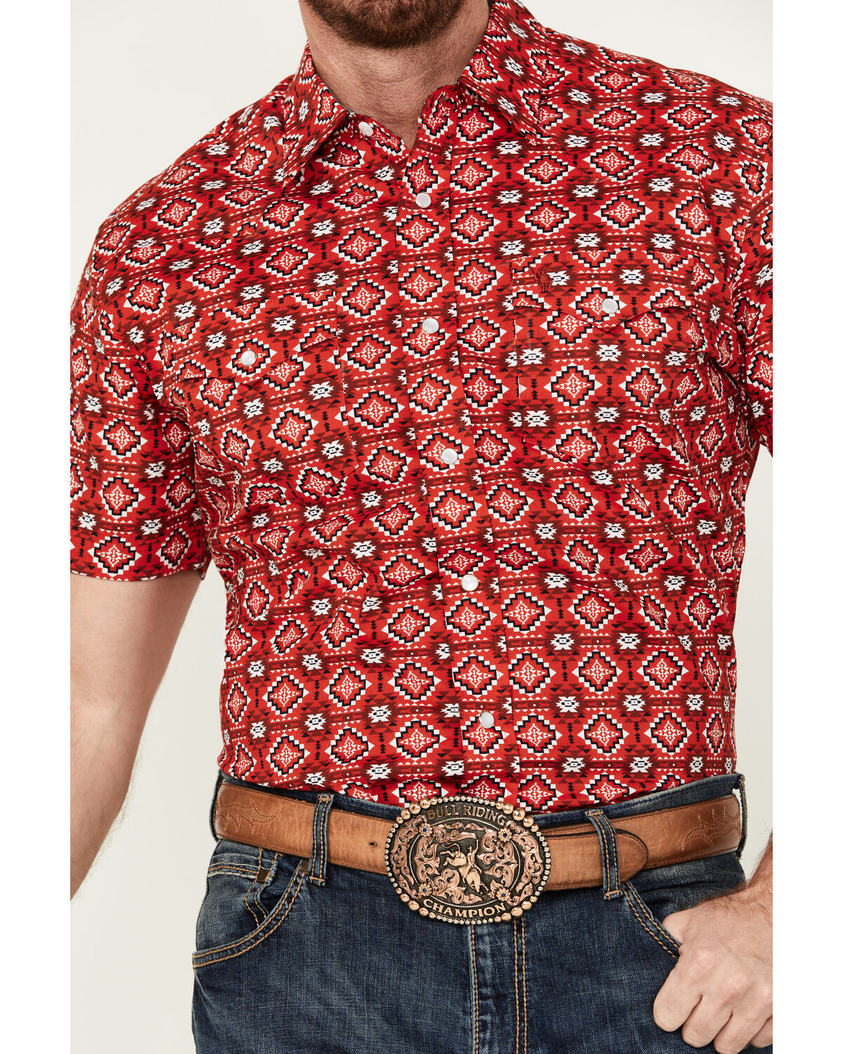 Image #3 - Rodeo Clothing Men's Southwestern Print Short Sleeve Pearl Snap Stretch Western Shirt, Red, hi-res