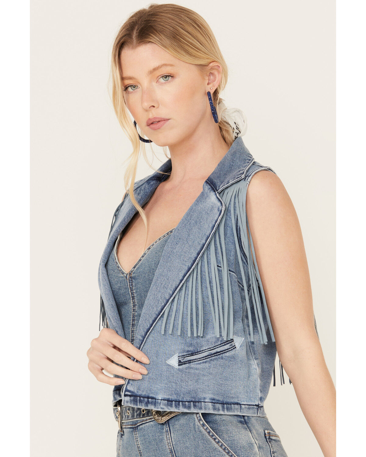 Image #3 - Rock & Roll Denim Women's Medium Wash Cropped Denim Fringe Vest, Blue, hi-res