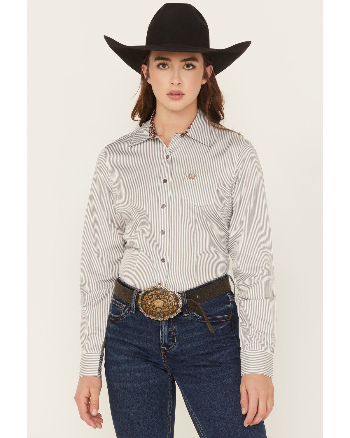 Cinch Women's TENCEL&trade; Striped Long Sleeve Button-Down Western Shirt, Grey, hi-res