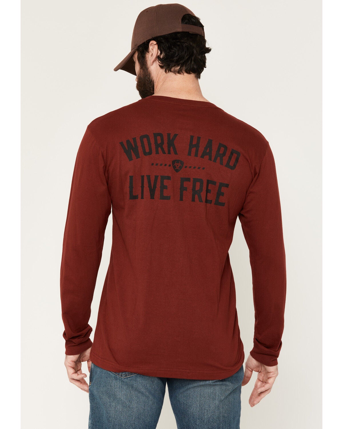 Ariat Men's Rebar Cotton Strong Work Hard Live Free Long Sleeve Work T-Shirt, Red, hi-res