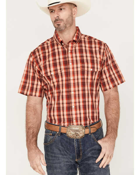 Panhandle Select Men's Plaid Print Short Sleeve Button-Down Western Shirt , Orange, hi-res