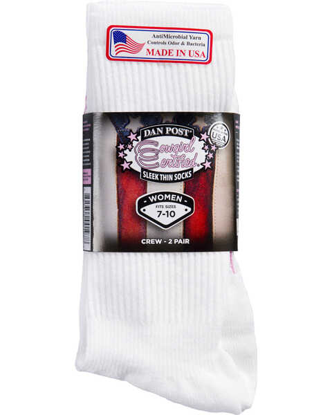 Dan Post Women's Cowgirl Certified Sleek Thin 2 Pack Crew Socks, White, hi-res