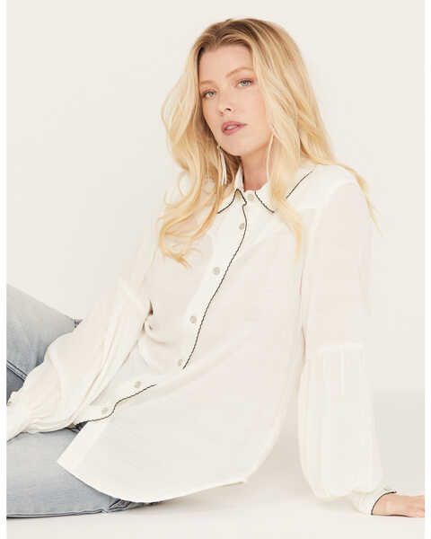 Idyllwind Women's Judson Blanket Stitch Textured Button-Down Woven Shirt, White, hi-res