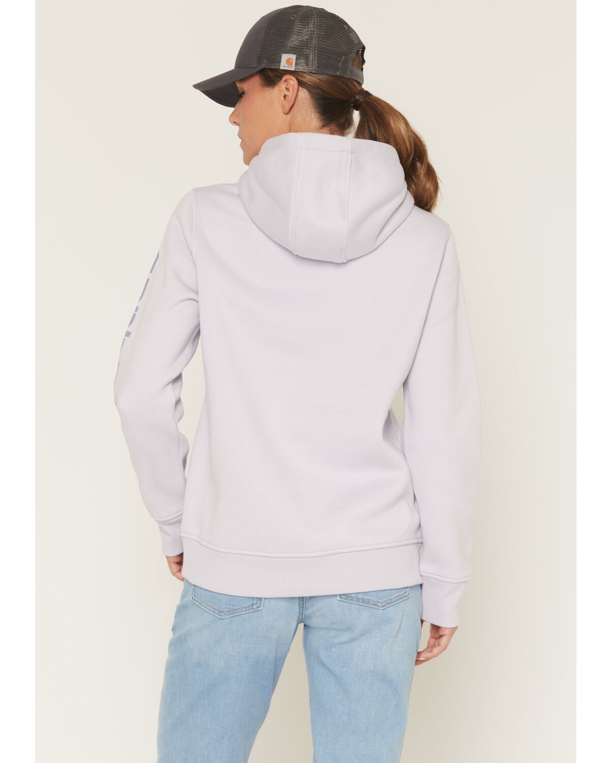 Image #4 - Carhartt Women's Relaxed Fit Midweight Logo Sleeve Graphic Hoodie, Purple, hi-res