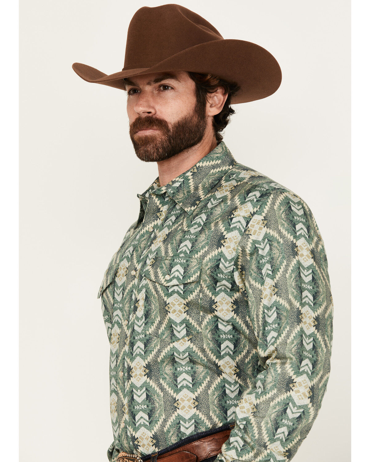 Image #2 - Wrangler Men's Checotah Southwestern Print Long Sleeve Pearl Snap Western Shirt, Green, hi-res