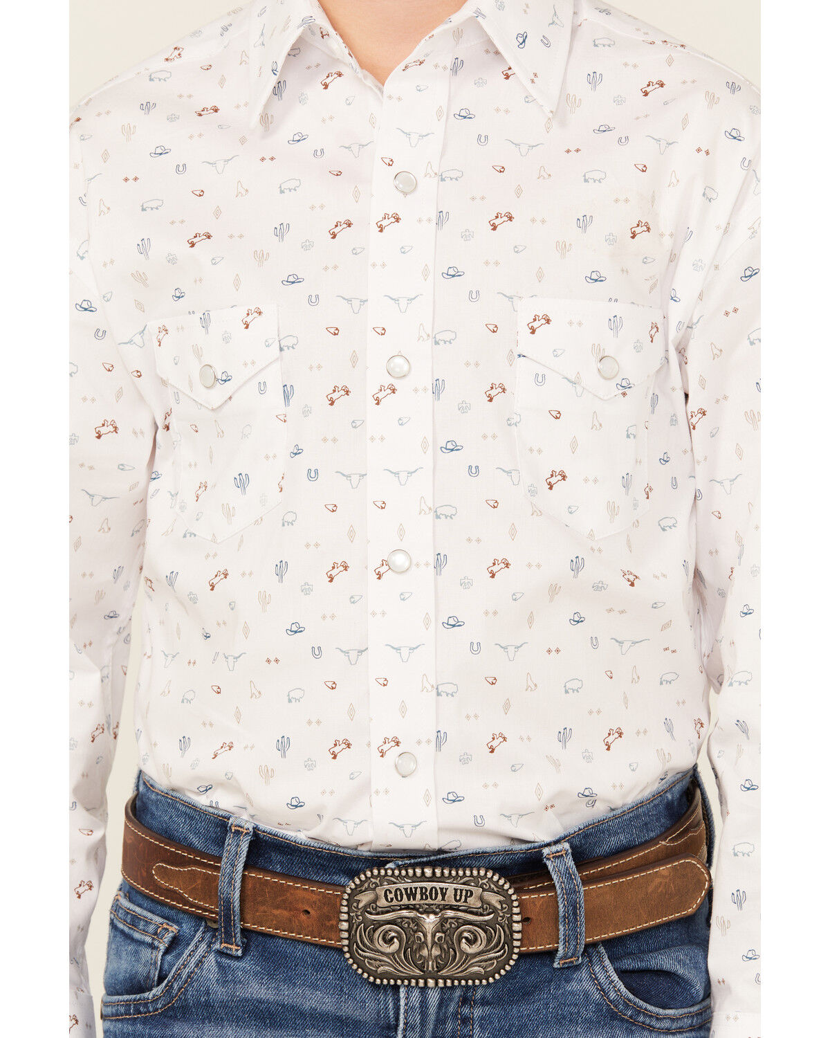 Image #3 - Panhandle Boys' Conversation Print Long Sleeve Snap Western Shirt, White, hi-res