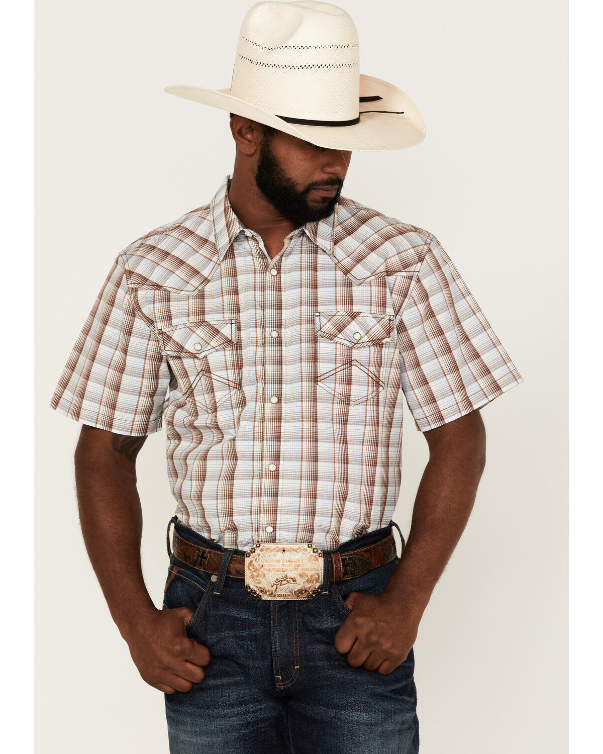Image #1 - Cody James Men's Mount Vernon Small Plaid Short Sleeve Pearl Snap Western Shirt, Brown/blue, hi-res