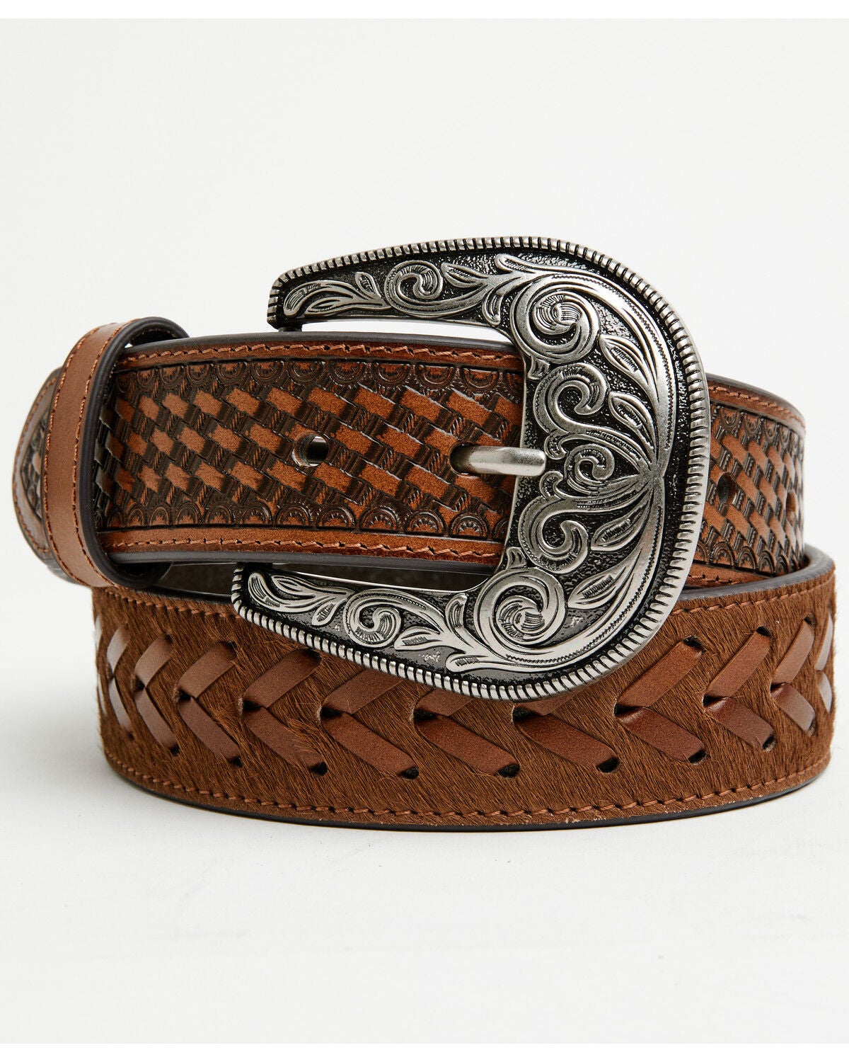 Image #1 - Cody James Men's Clyde Hairon Whipstitch Tooled Leather Belt, Brown, hi-res