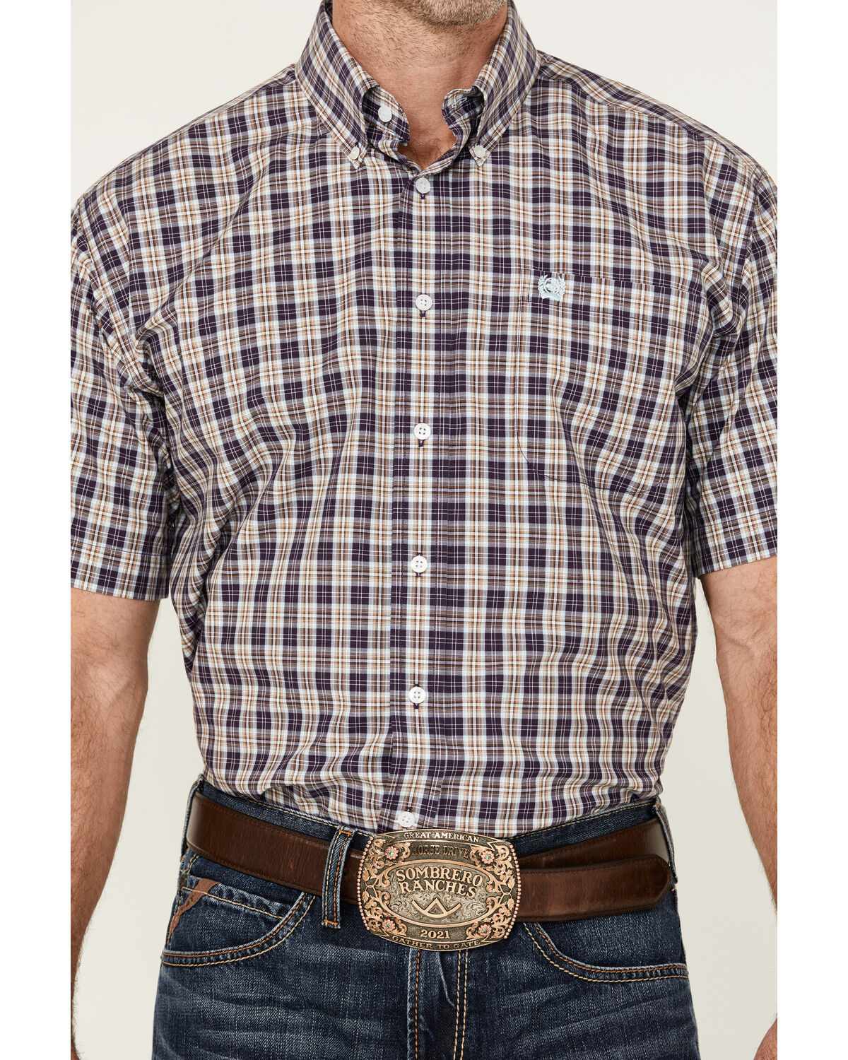 Image #3 - Cinch Men's Plaid Print Short Sleeve Button-Down Western Shirt, Purple, hi-res