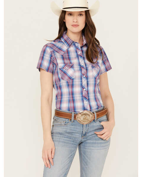 Image #1 - Rough Stock by Panhandle Plaid Print Short Sleeve Stretch Pearl Snap Western Shirt , Multi, hi-res