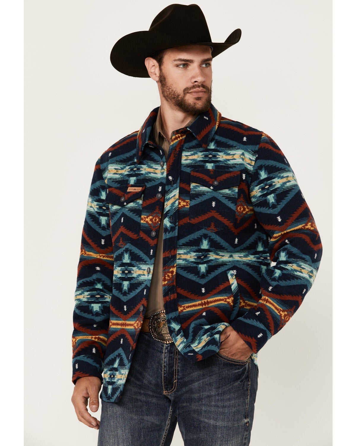 Powder River Outfitters Men's Southwestern Print Shacket, Navy, hi-res