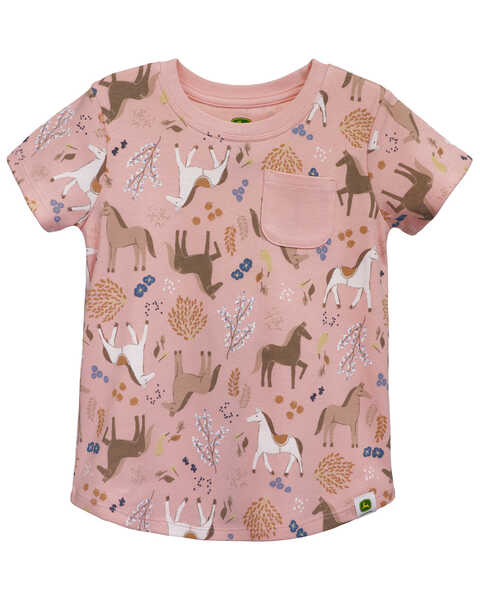 Image #1 - Jon Deere Toddler Girls' Horse Print Short Sleeve Pocket Tee , Pink, hi-res