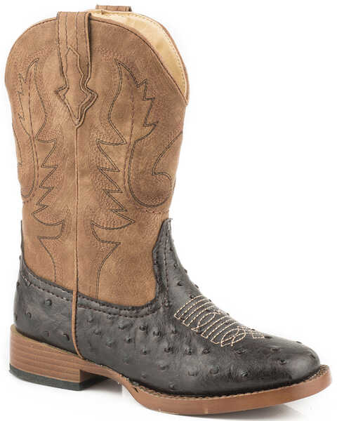 Roper Boys' Faux Ostrich Print Western Boots - Square Toe , Brown, hi-res