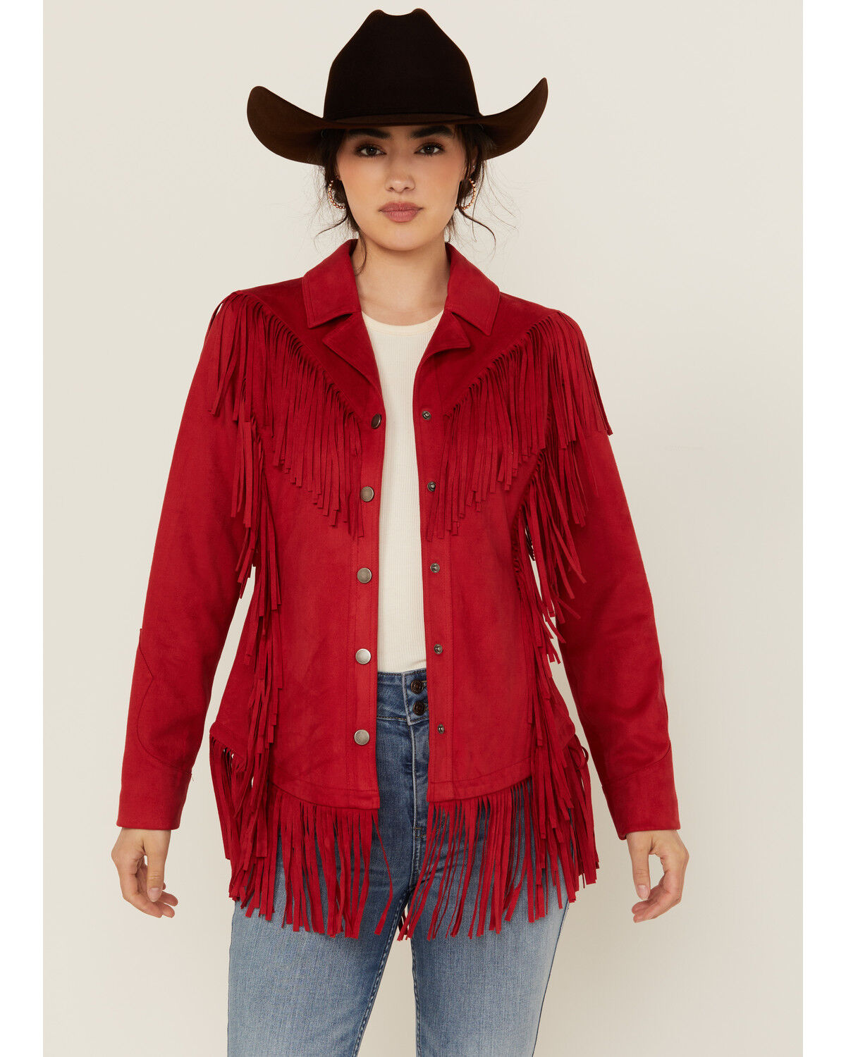 Image #1 - Powder River Outfitters Women's Faux Suede Fringe Jacket, Red, hi-res
