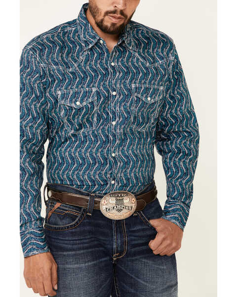 Image #3 - Wrangler 20X Men's Stippled Geo Print Long Sleeve Snap Western Shirt , Blue, hi-res