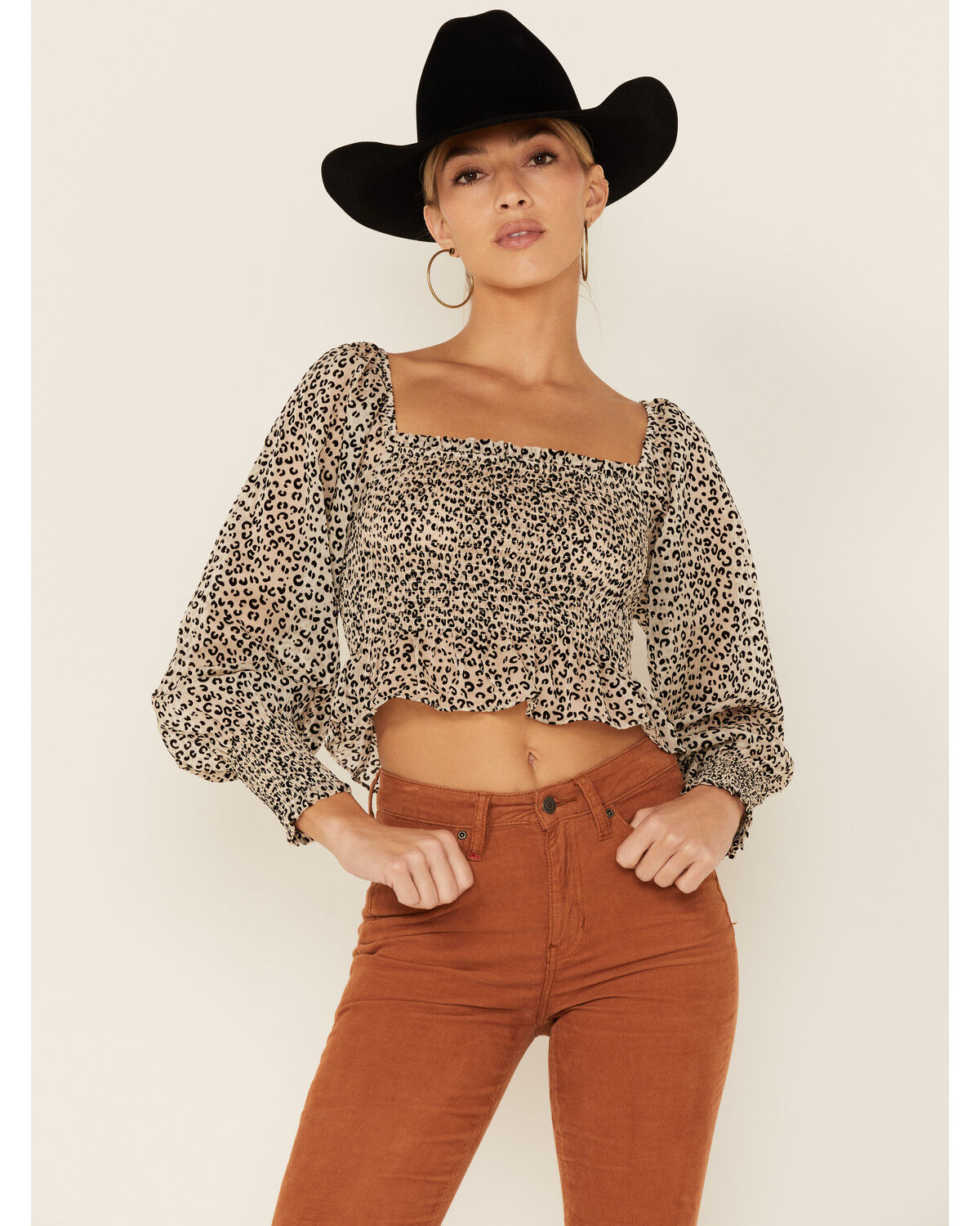 Image #1 - Lush Women's Long Sleeve Cheetah Smocked Crop Top, , hi-res