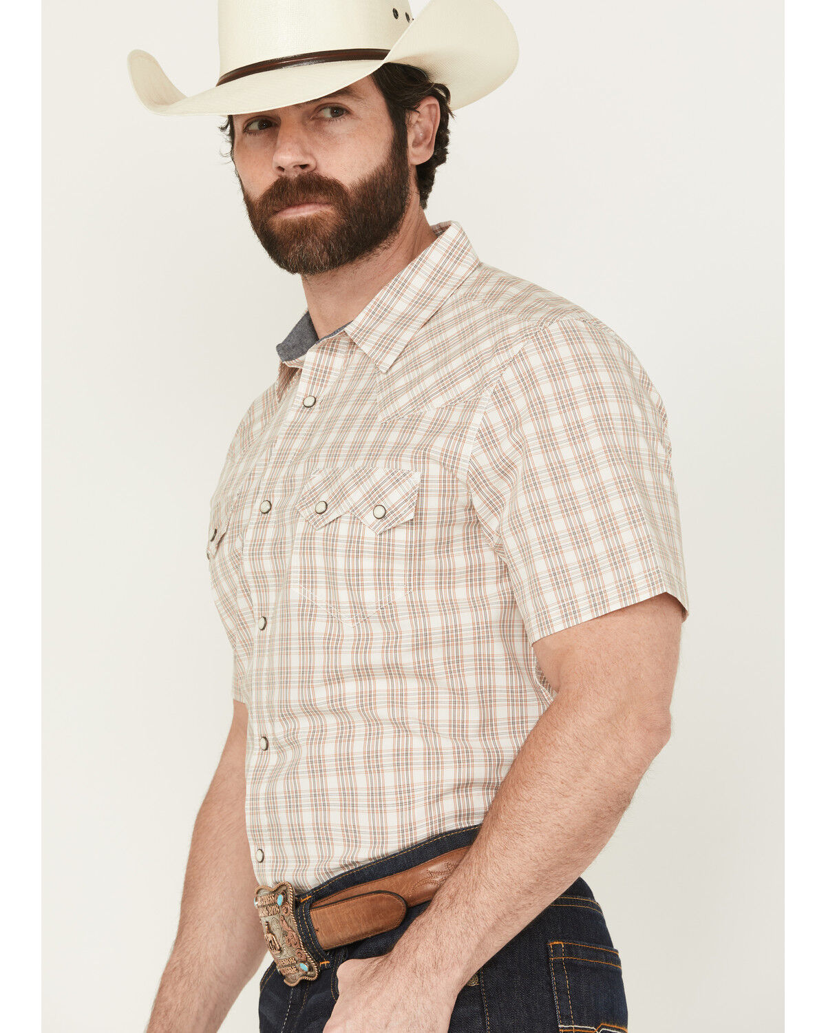Image #2 - Cody James Men's Rangewear Plaid Print Short Sleeve Snap Western Shirt, Cream, hi-res