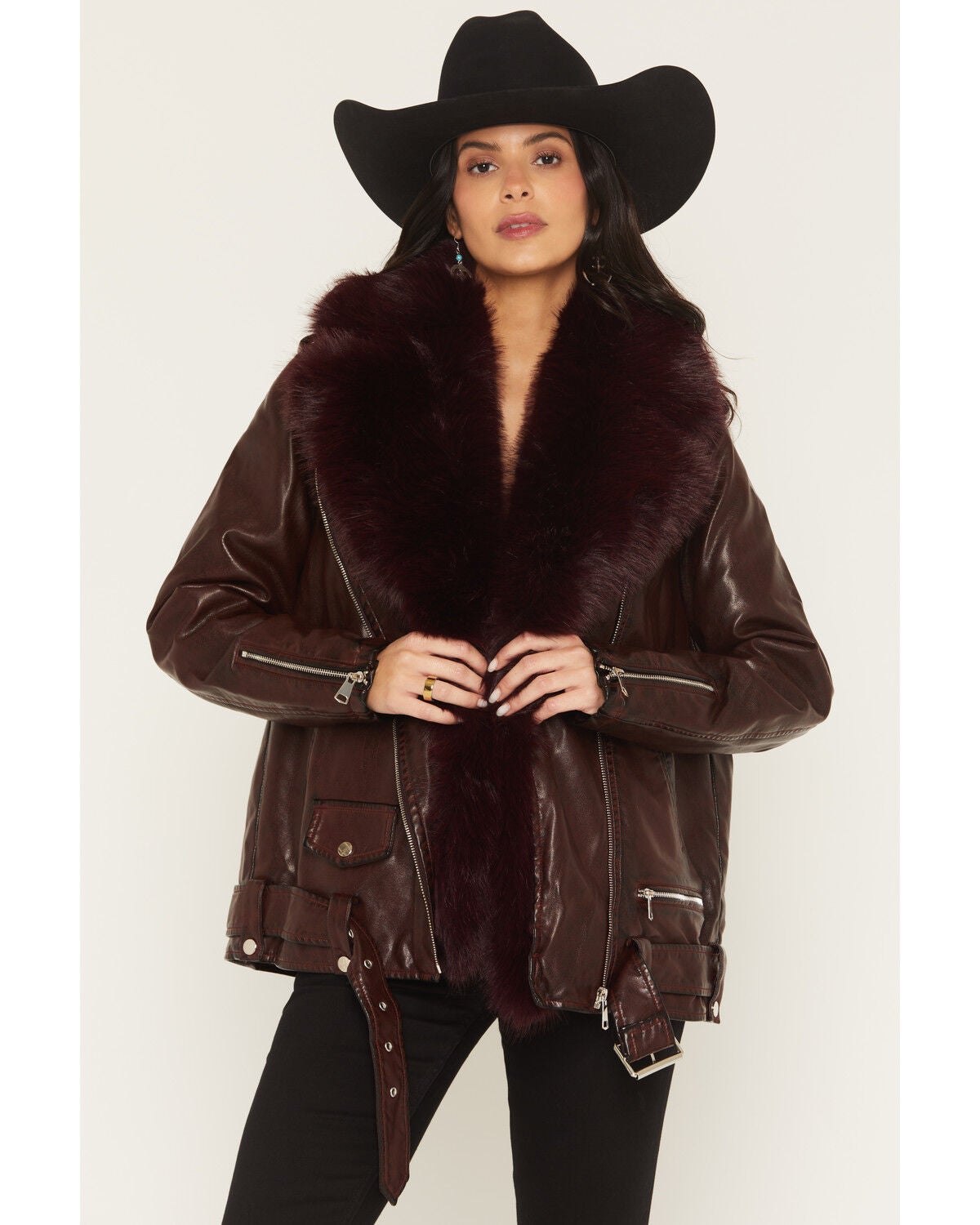 Azalea Wang Women's Aurelia Faux Fur Leather Jacket, Burgundy, hi-res