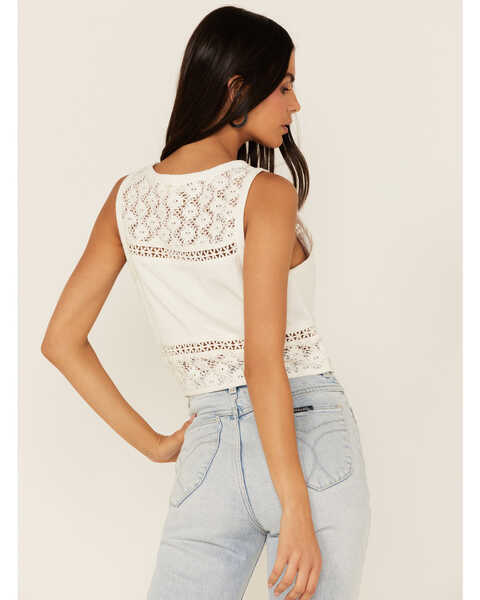 Image #5 - Cleo + Wolf Women's Crochet Floral Cropped Tank Top, Ivory, hi-res