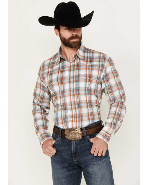 Wrangler Men's Plaid Print Long Sleeve Pearl Snap Western Shirt, Brown, hi-res