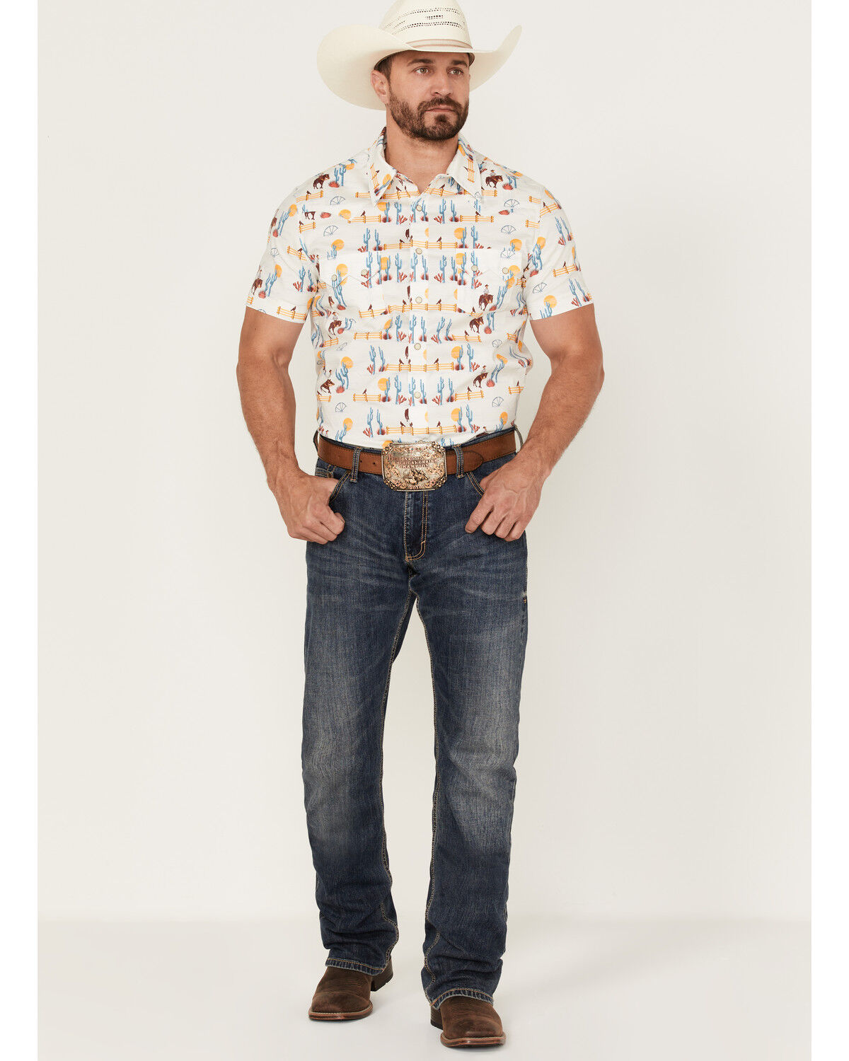 Image #2 - Dale Brisby Men's Cactus Conversational Print Short Sleeve Snap Western Shirt, Teal, hi-res