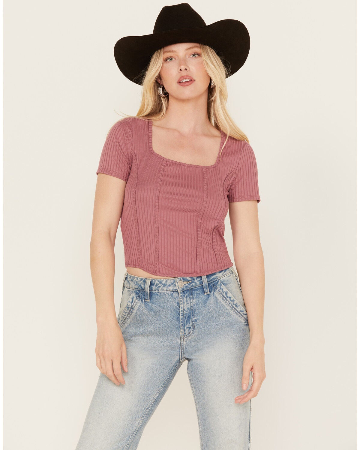 Moa Moa Women's Ribbed Corset Style Short Sleeve Top, Mauve, hi-res