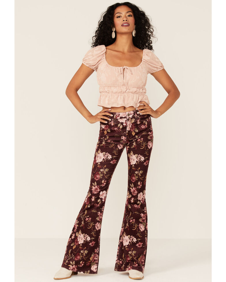 Driftwood Women's Floral Farrah Corduroy Flare Leg Jeans, Maroon, hi-res