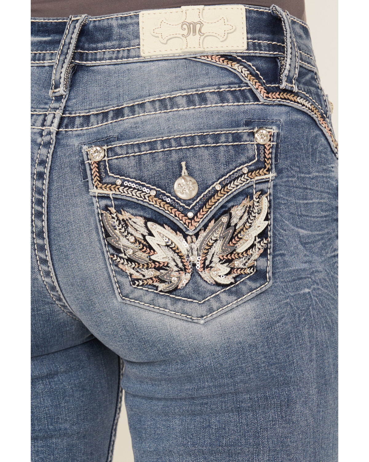 Image #2 - Miss Me Women's Medium Wash Wing Embroidered Bootcut Stretch Jeans, Medium Wash, hi-res